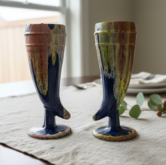 Handmade Other - 2 HANDCRAFTED Upcycled Glass Goblets HANDPAINTED Abstract Viking Drinkwear Art